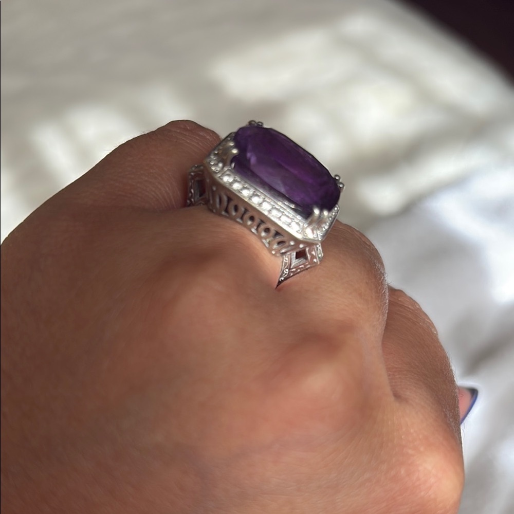 Purple and Silver Halo Gemstone Ring